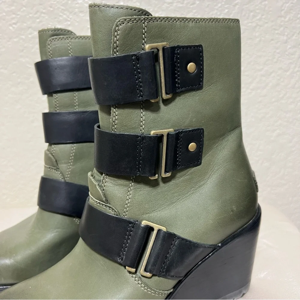 Sorel After Hours Waterproof Leather Wedge Bootie Color Nori NL2550-383 Size 7.5